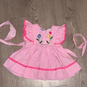 Vintage Pink Striped Baby Dress with Floral Embroidery Flutter Sleeves 18m